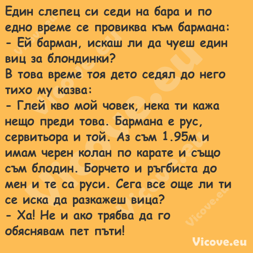 Един слепец си седи на бара и п...