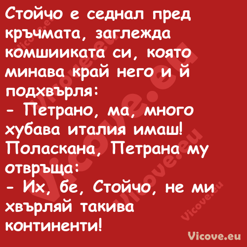 Стойчо е седнал пред кръчмата, ...